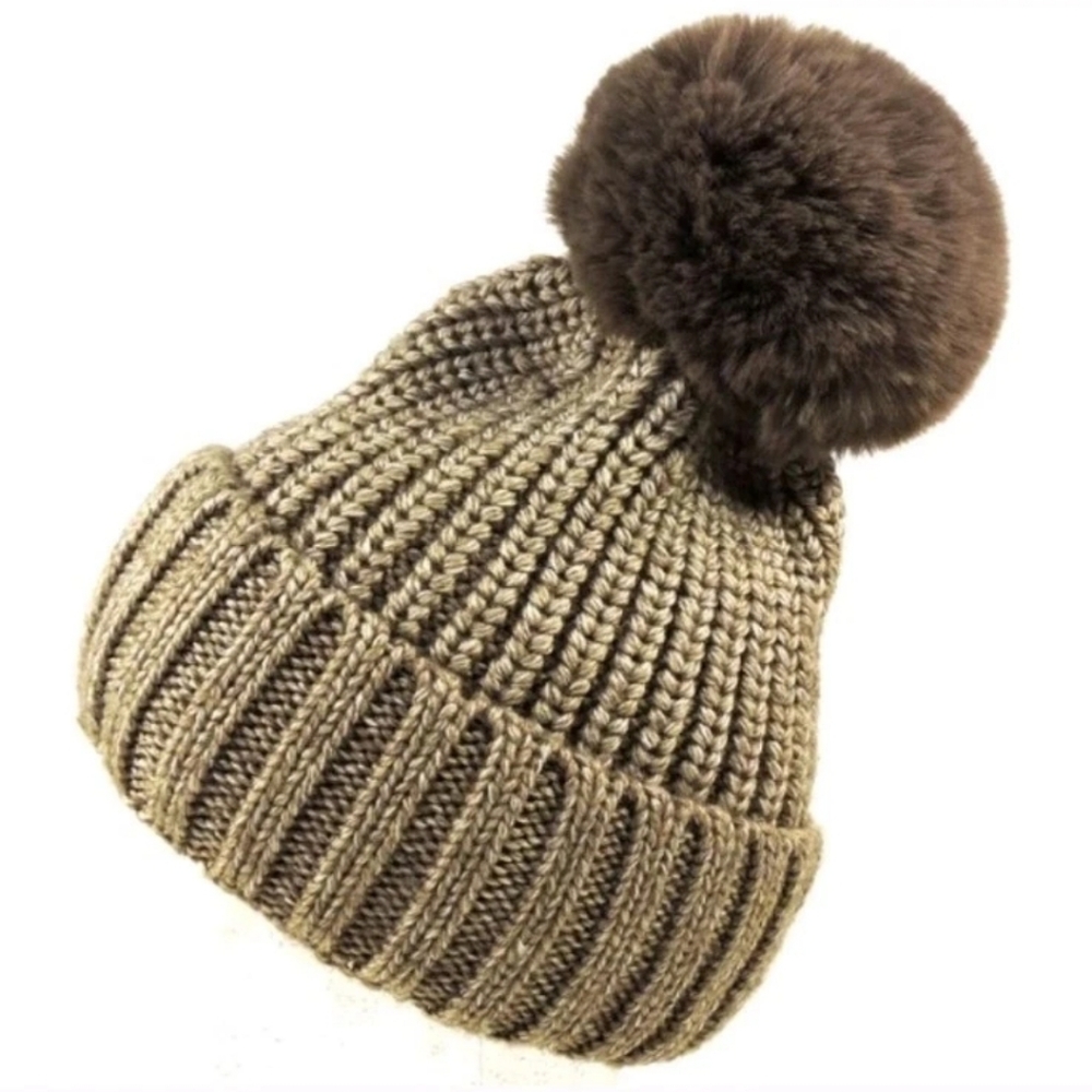 Norla Canada Hat Alpaca Wool Cable Knit Pom Pom Beanie Brown Winter Ski Travel